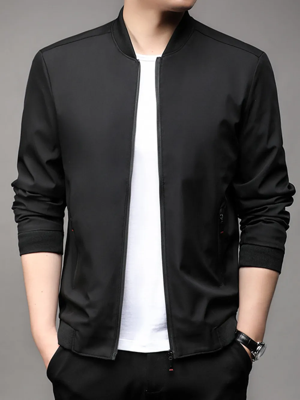 Men's Plus Size Full Zip Front Closure Bomber Jacket with Pockets, image 2