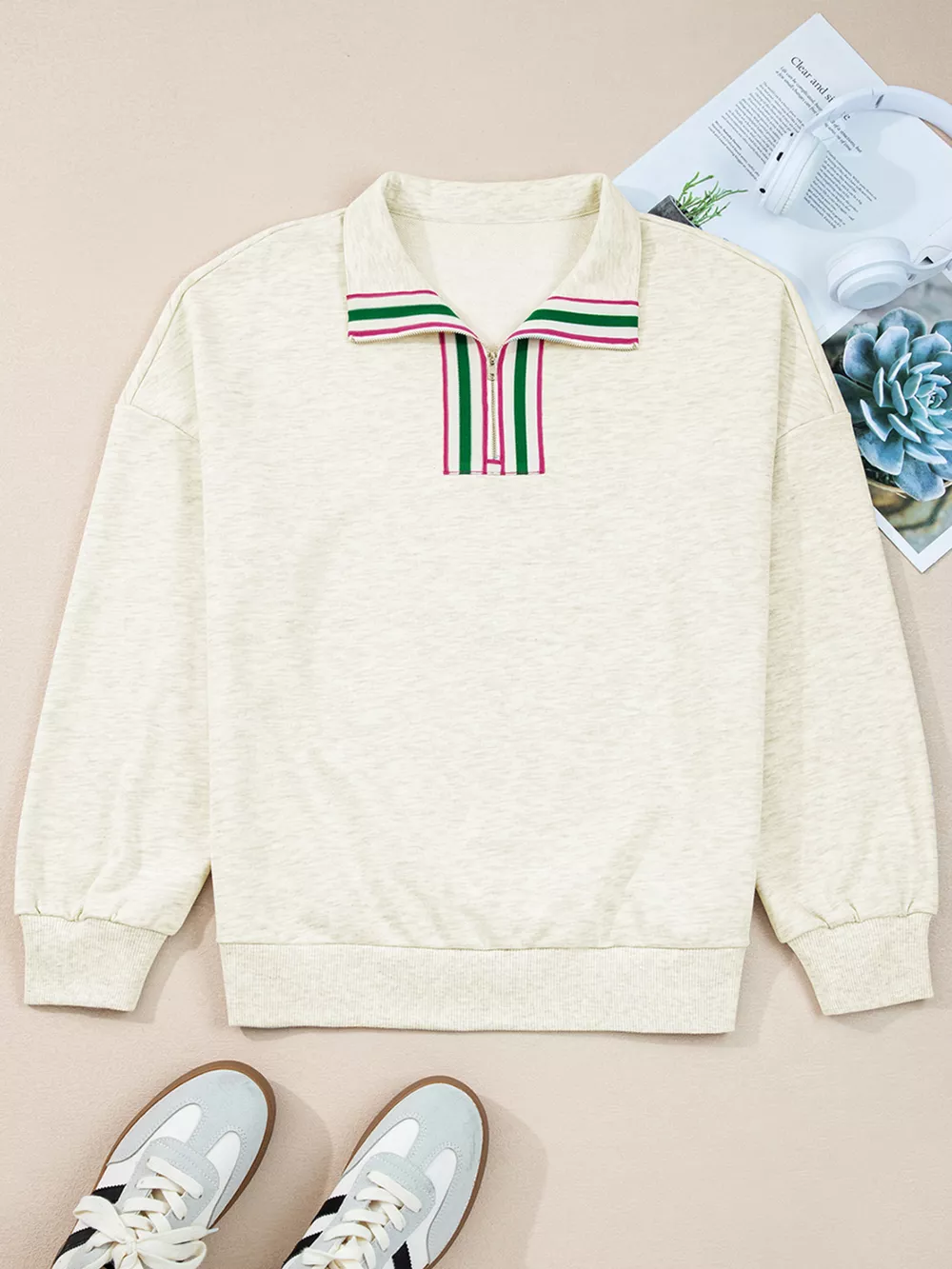 Contrast Striped Patchwork Zip Collar Sweatshirt, image 16
