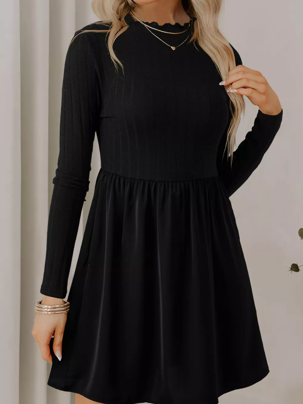 Frilled Neck Ribbed Knit Patchwork Long Sleeve Mini Dress