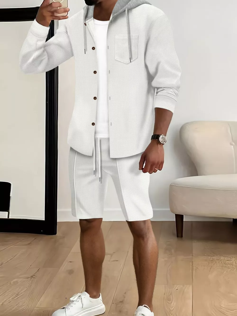 Men's Full Size Casual Hooded Button-Up Top and Shorts Set Plus Size, image 3