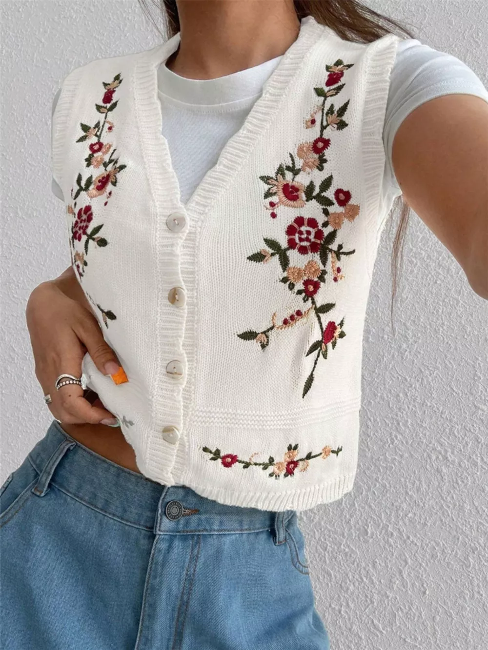 Embroidered Button Up Sweater Vest, image 10