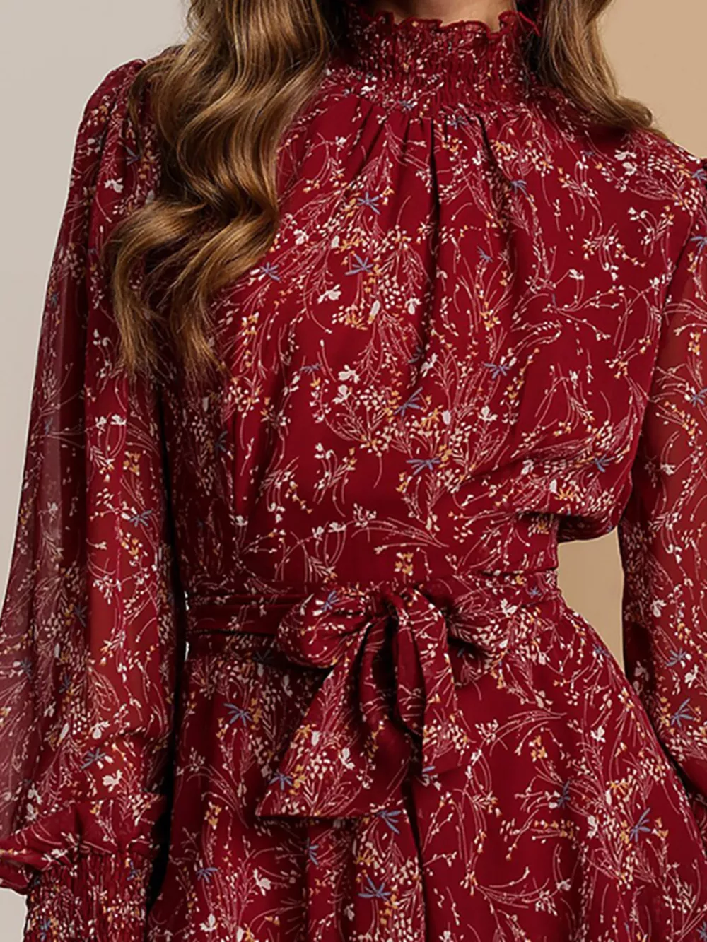 Plus Size Floral Print Mock Neck Long Sleeve Ruffle Hem Mini Dress, image 4
