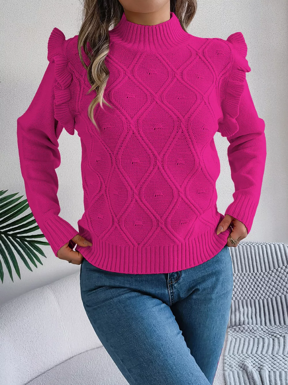 Mock Neck Ruffle Trim Long Sleeve Sweater, image 8