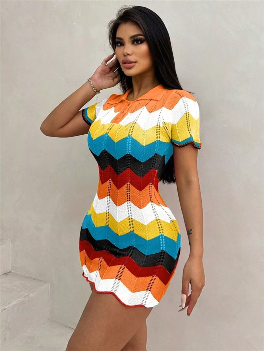 Chevron Knit Short Sleeve Sweater Dress, image 8