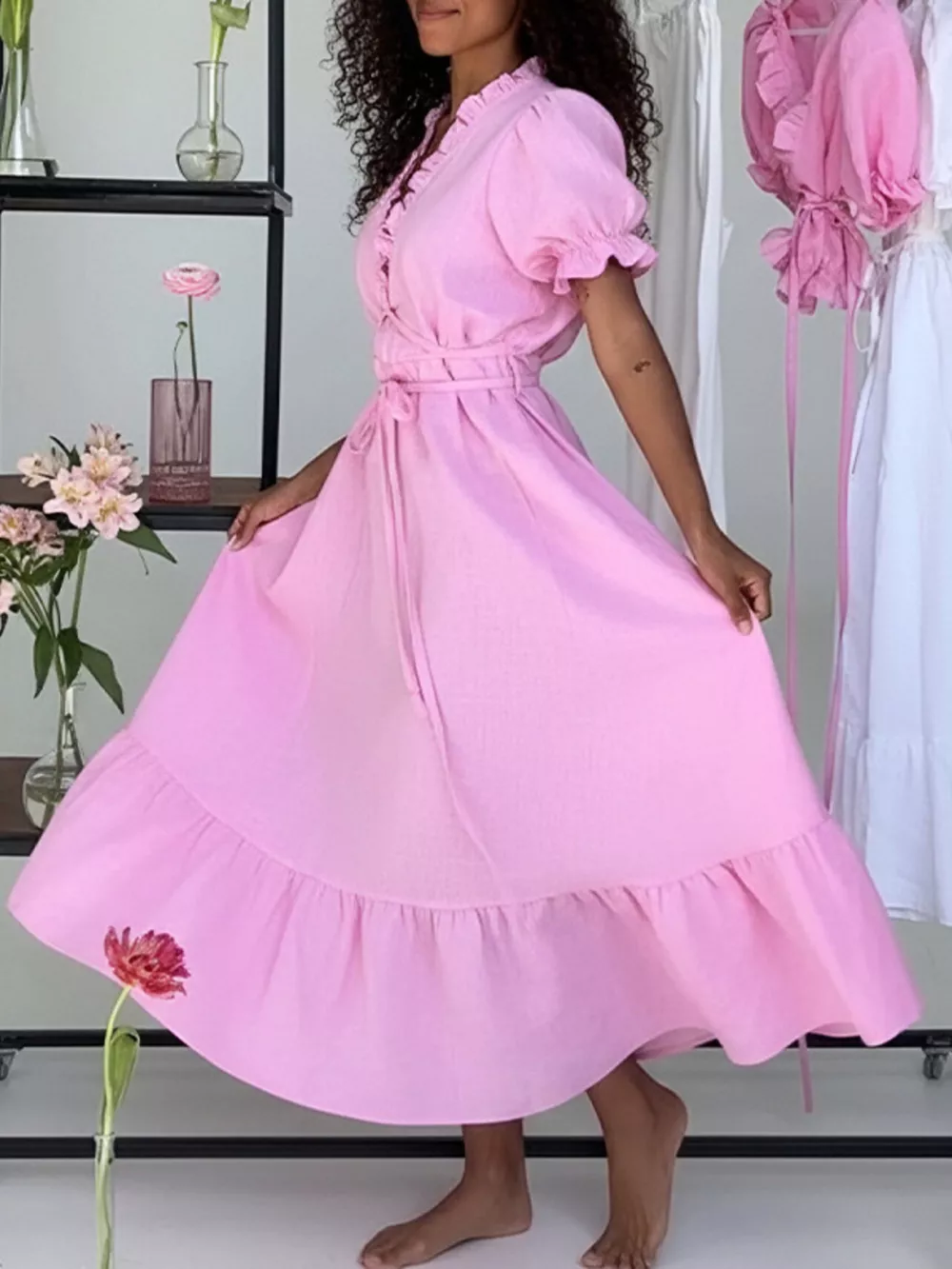 Full Size Puff Sleeve Ruffle Trim Maxi Dress Plus Size, image 9