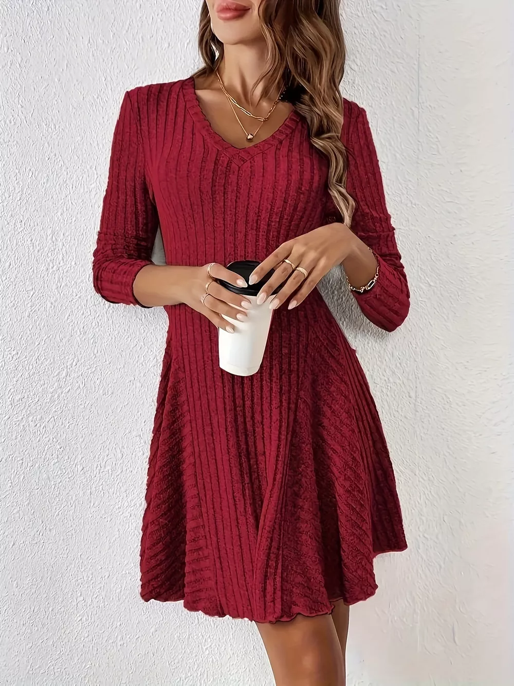 V-Neck Ribbed Knit Flared Knit Dress, image 7