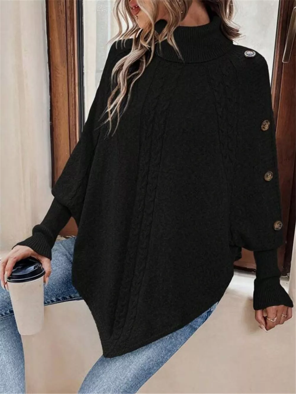 Cable Knit Turtleneck Cape Sweater, image 18