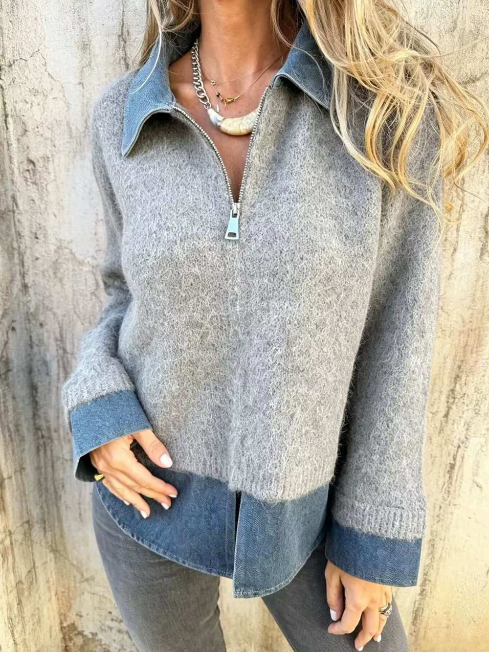 Contrast Denim Collar Half-Zip Knit Sweater, image 5