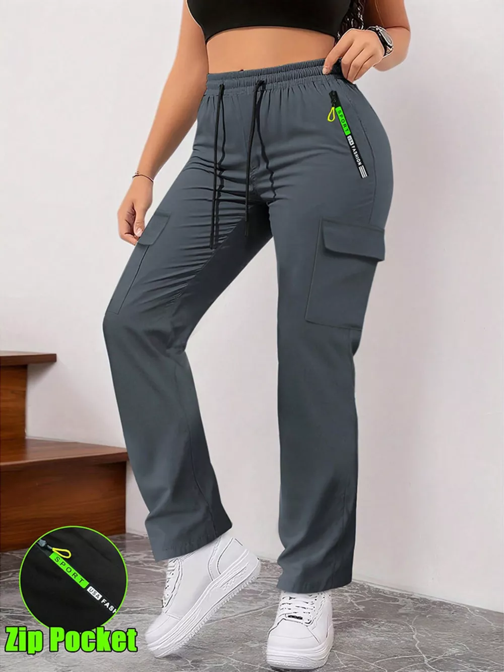 Full Size Drawstring Cargo Pants with Zip Pocket Plus Size, image 5
