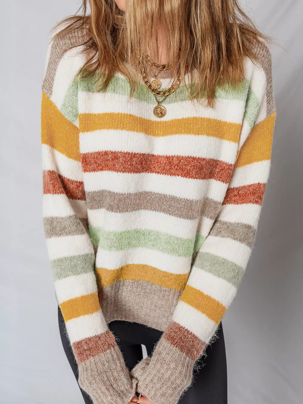 Multicolour Stripe Drop Shoulder Crew Neck Sweater, image 9