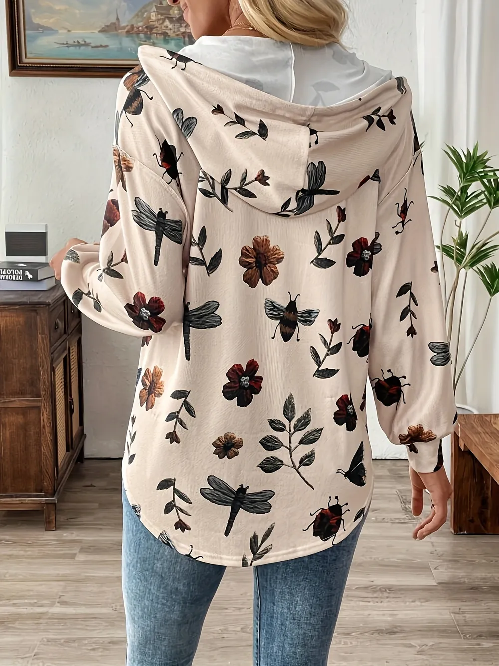 Drawstring Button Front Printed Hoodie, image 5
