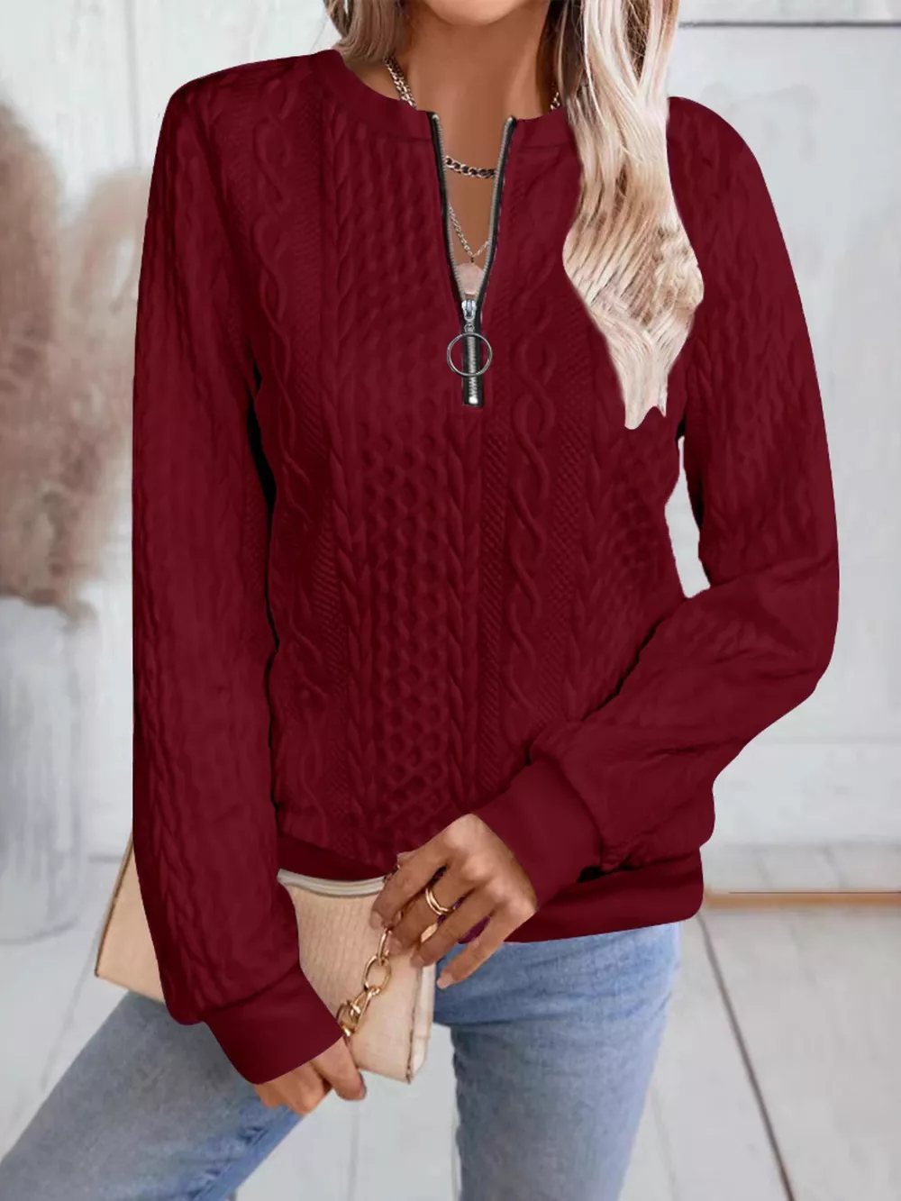 Chic Cable Texture Quarter-Zip Sweatshirt, image 4