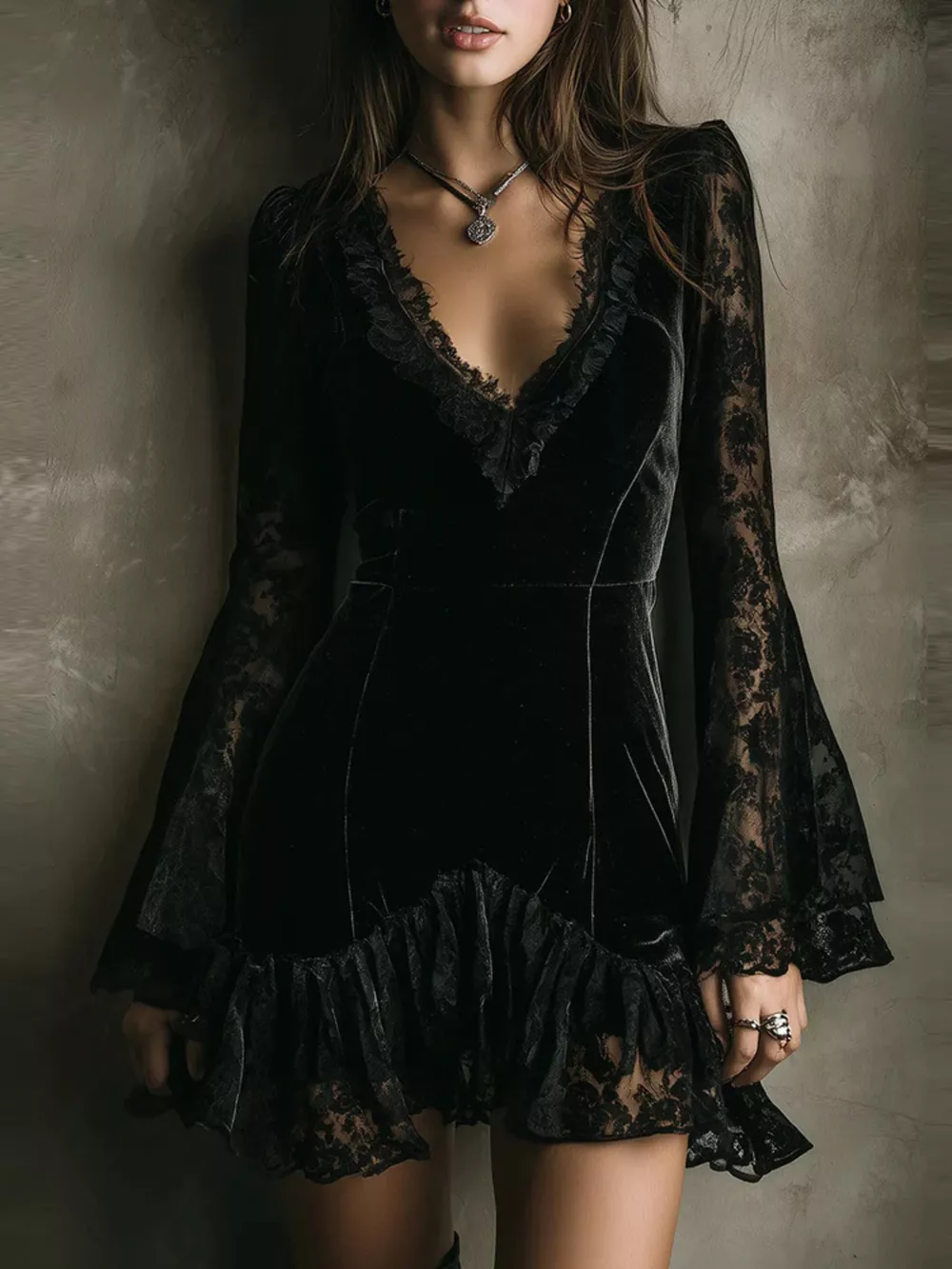 Velvet Lace Trim V-Neck Mini Dress