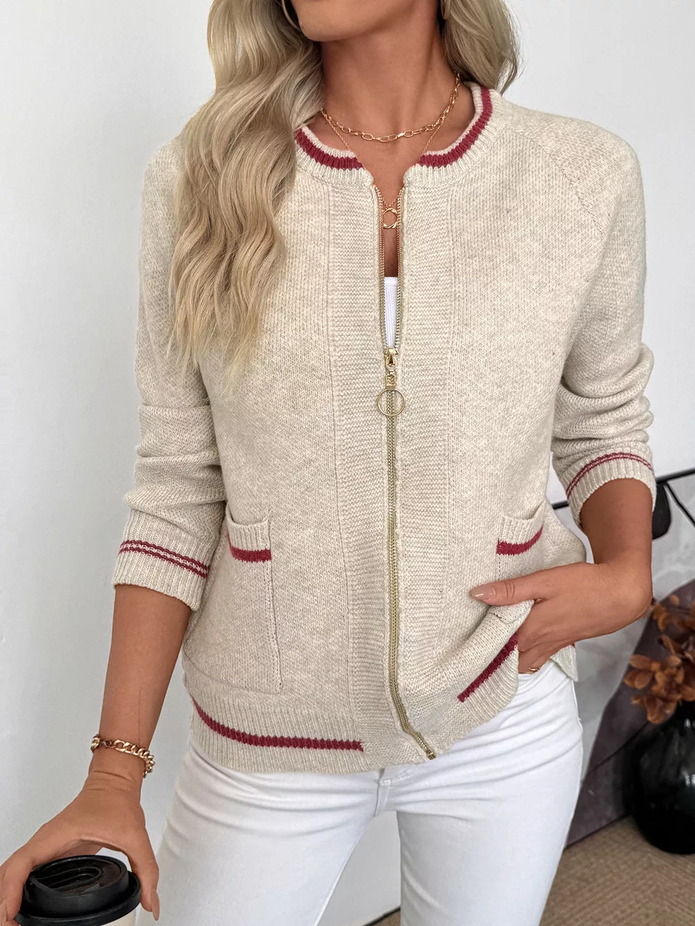 Zip Up Contrast Trim Cardigan, image 11