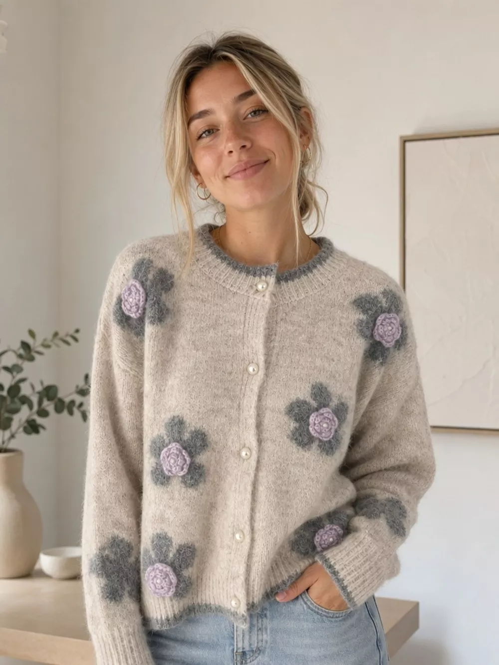 Floral Applique Button-Down Knit Cardigan, image 3