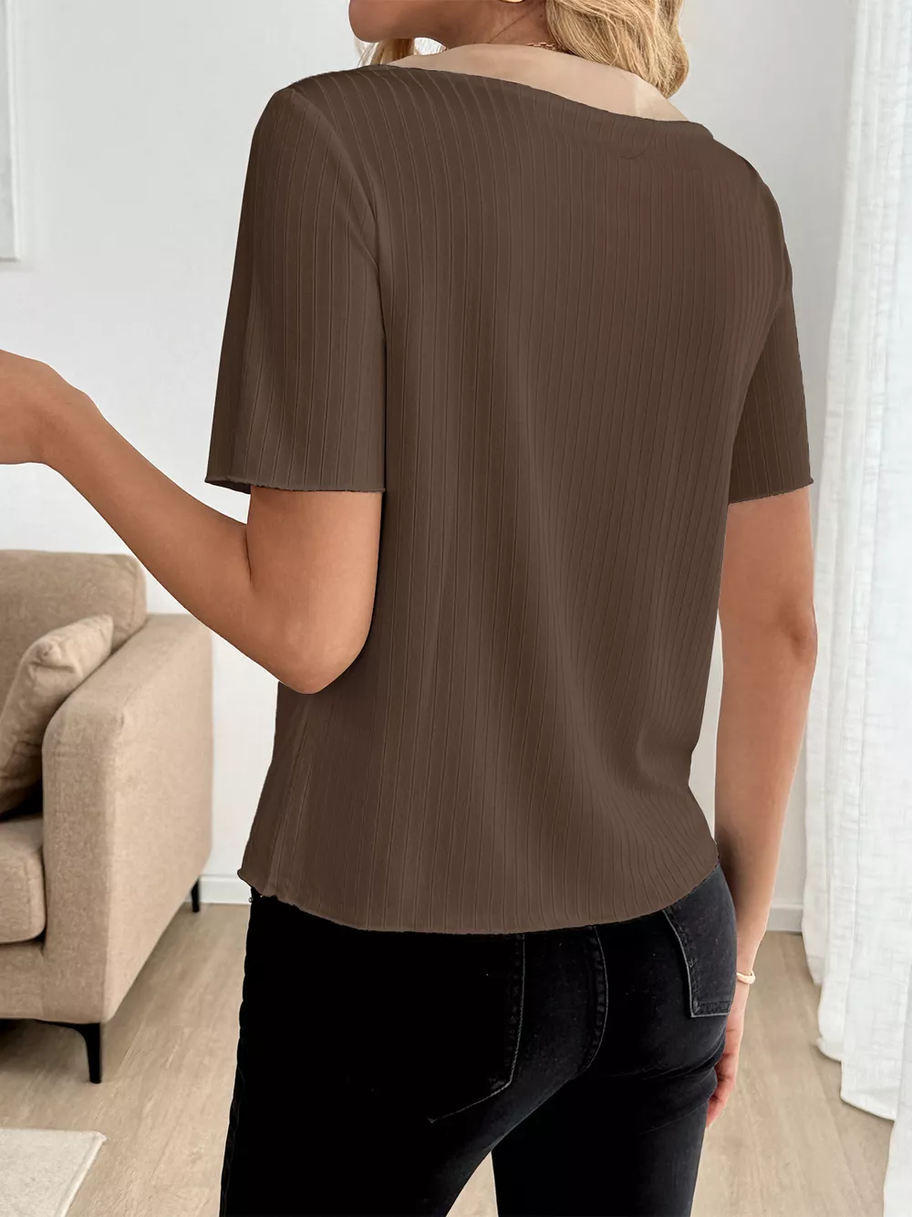 Decor Button Round Neck Short Sleeve Blouse, image 13