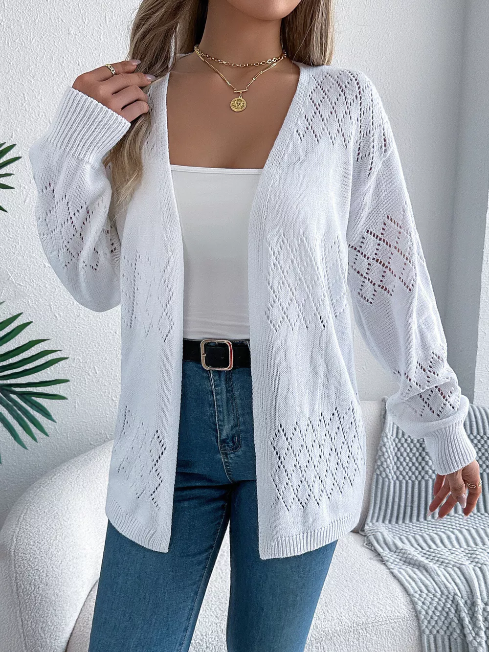 Openwork Open Front Long Sleeve Cardigan, image 14