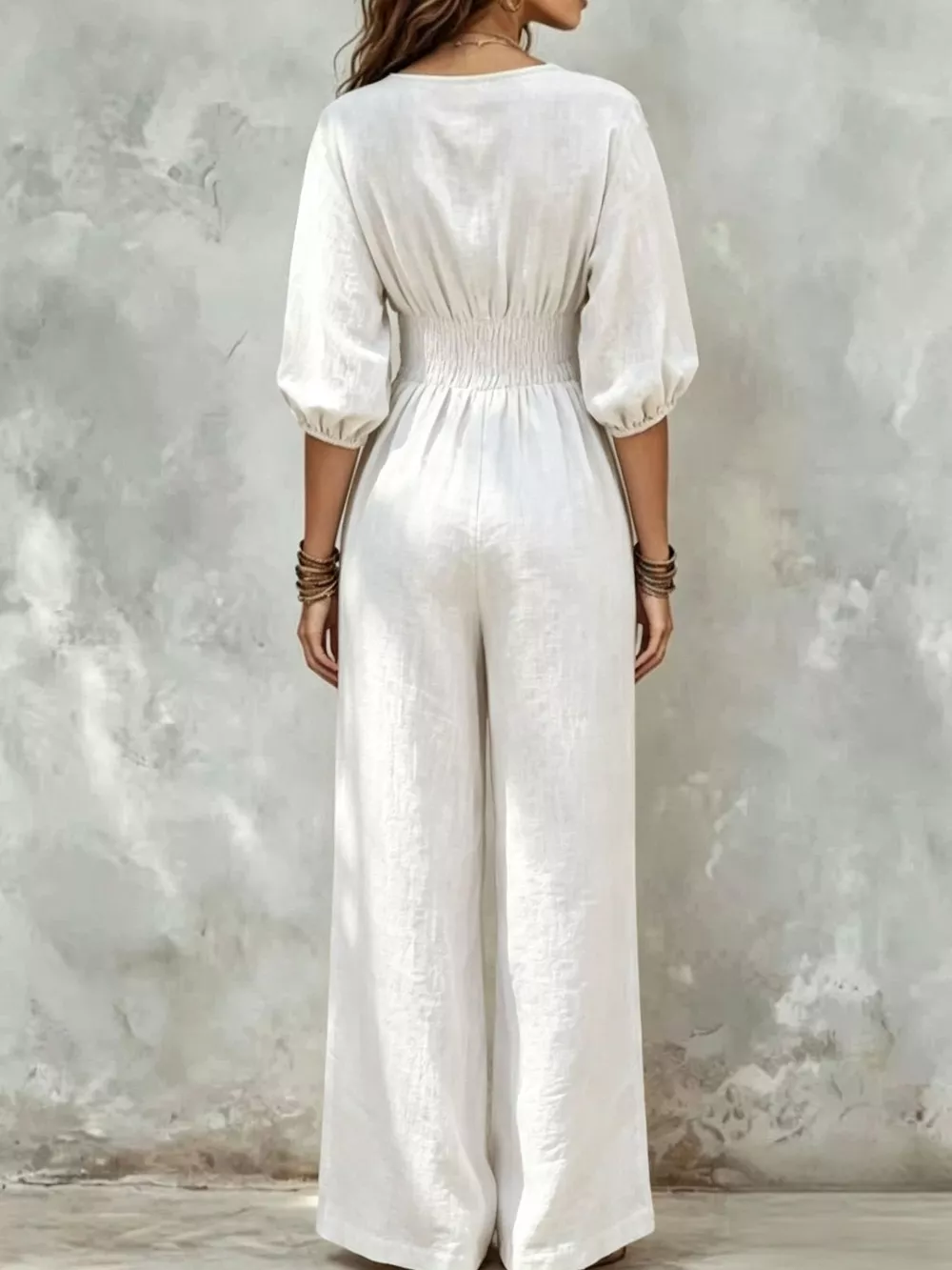 V-Neck Smocked Waist Wide-Leg Jumpsuit, image 15