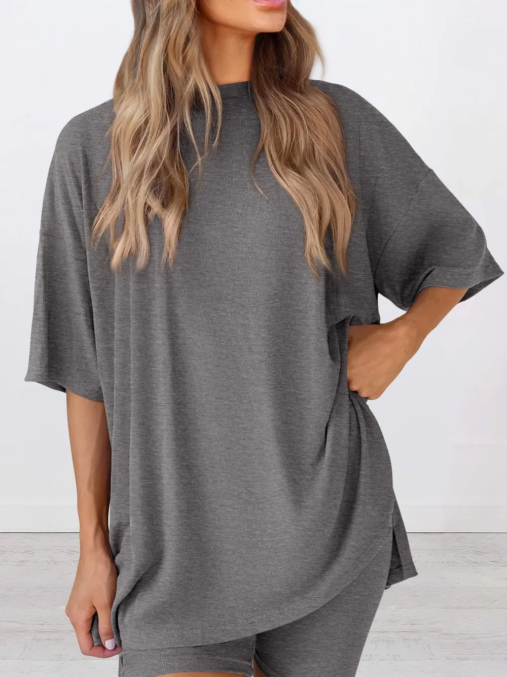 Full Size Oversized Slit Round Neck Top and Shorts Lounge Set Plus Size, image 22