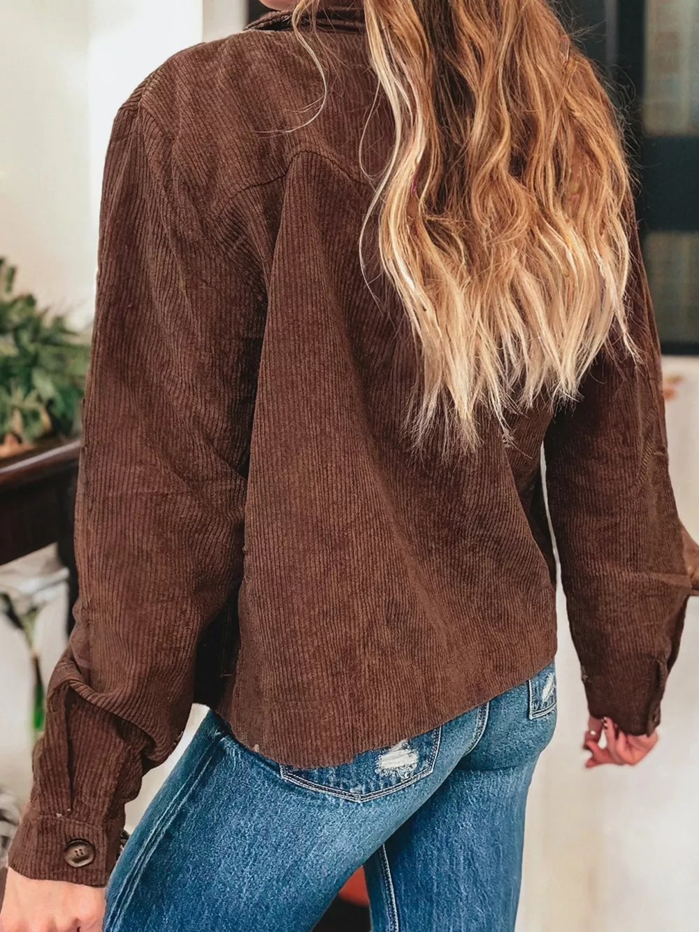 Floral Embroidered Collar Button Front Corduroy Jacket, image 6