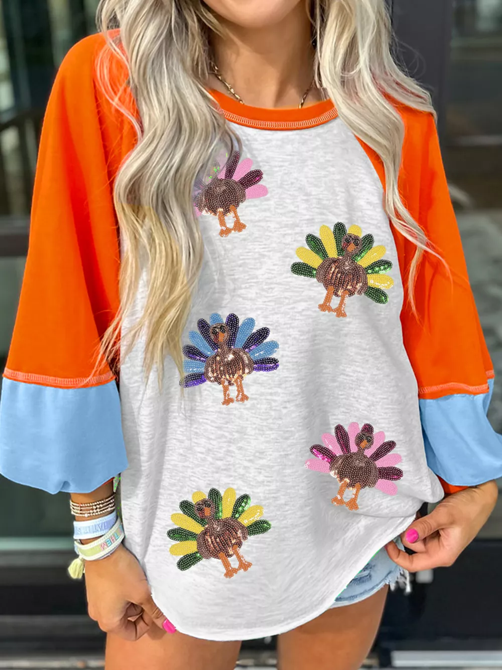 Thanksgiving Turkey Sequin Color Block Raglan Sleeve Top