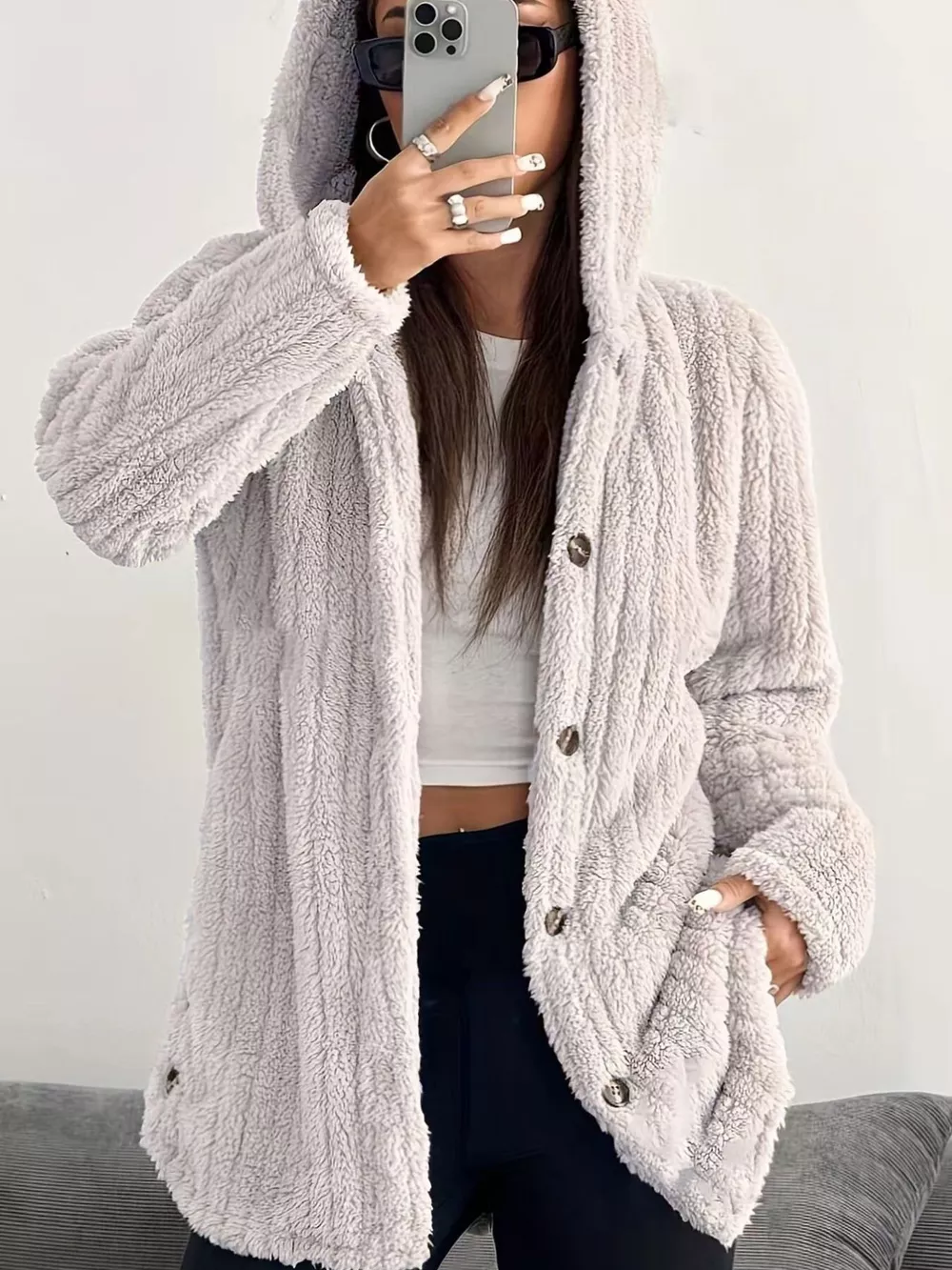 Full Size Fleece Button Up Hooded Outerwear Plus Size, image 2
