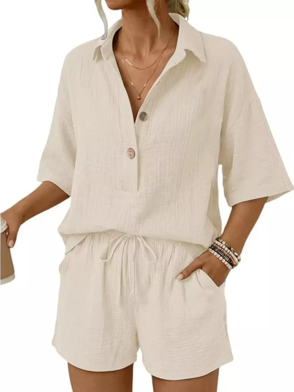 Linen Button Front Short Sleeve Top and Shorts Set, image 6