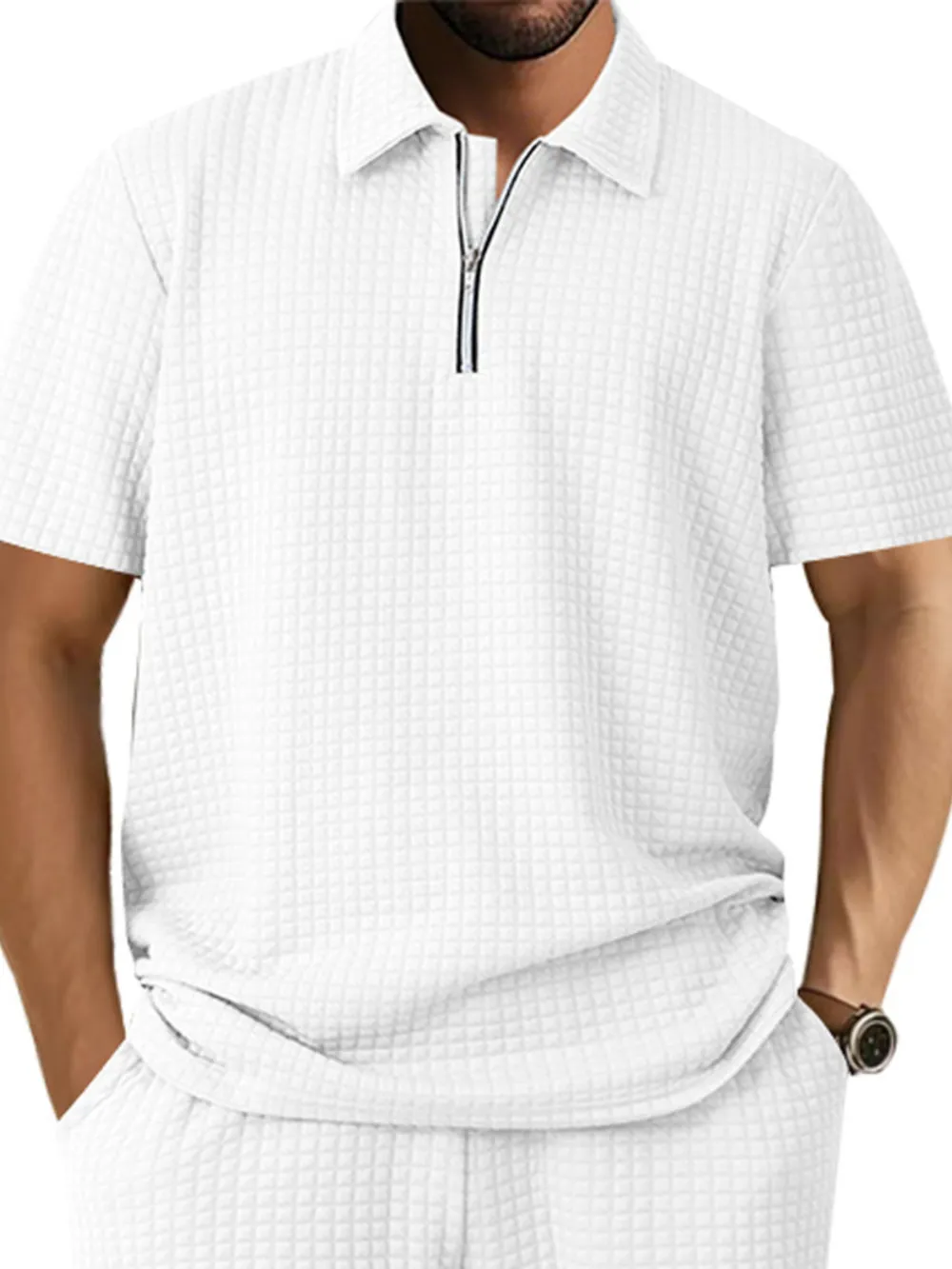 Men's Full Size Waffle Short Sleeve Polo with Zipper Detail Plus Size, image 16