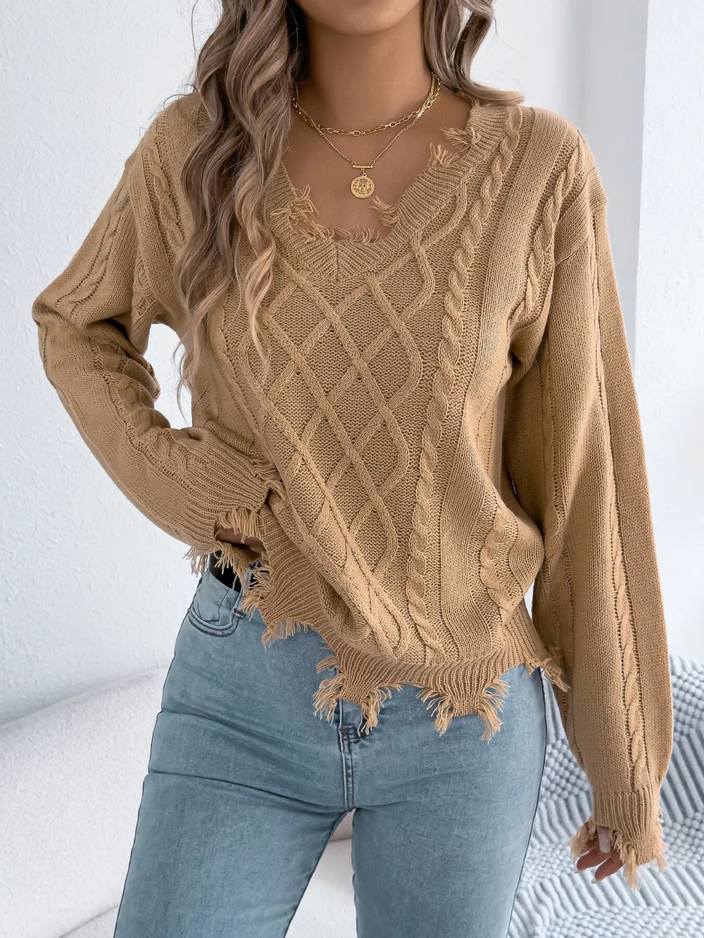 V-Neck Distressed Hem Cable Knit Sweater, image 12