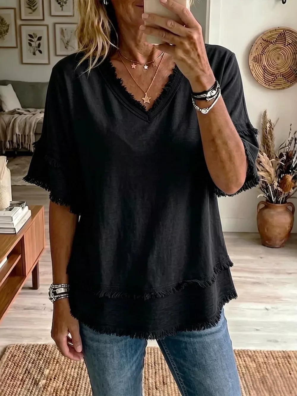 Full Size Frayed Edge V-Neck Blouse Plus Size
