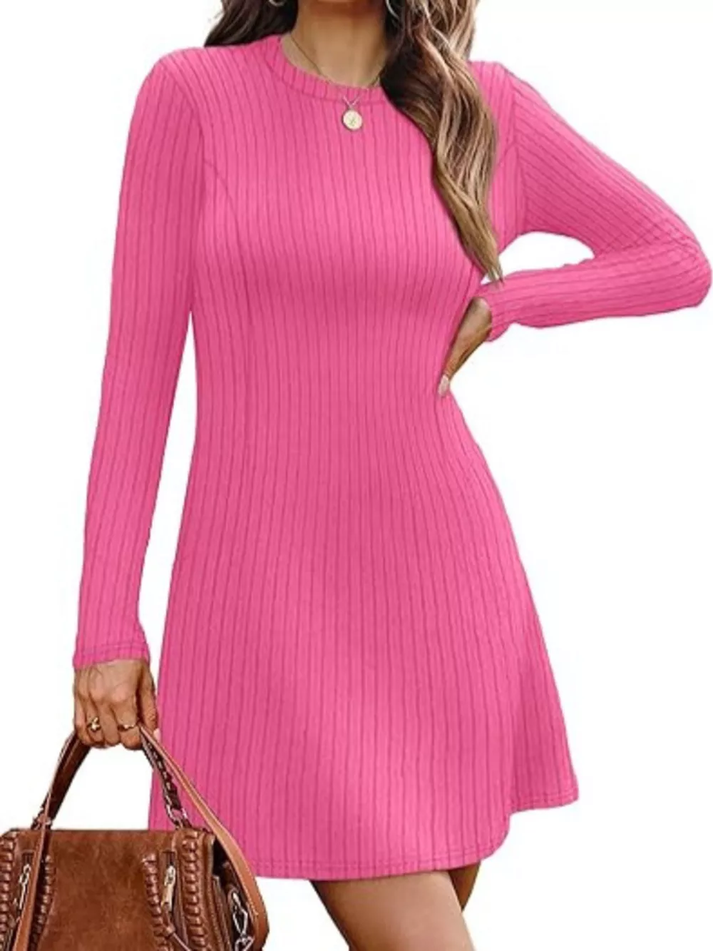 Ribbed Knit Long Sleeve A-Line Dress, image 14
