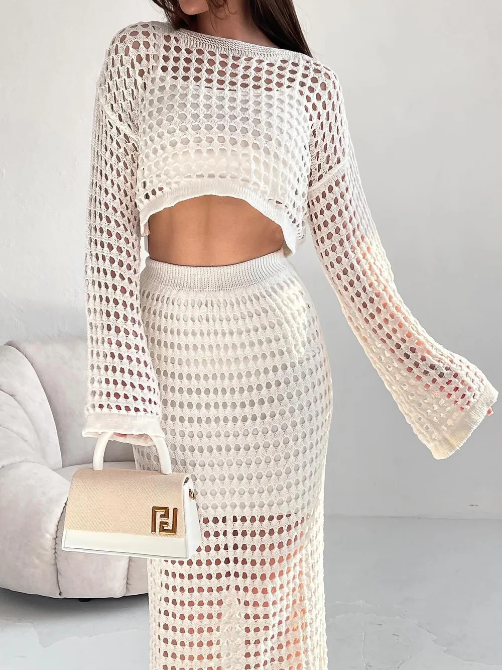 Hollow Out Long Sleeve Top and Skirt Knit Set, image 2