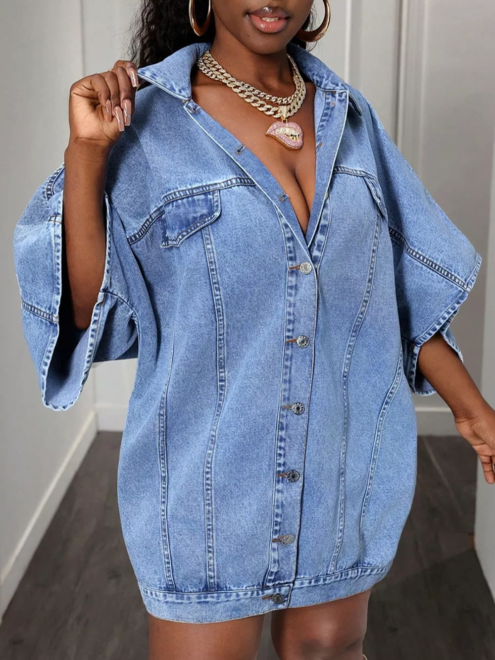 Oversized Batwing Sleeve Denim Top, image 9