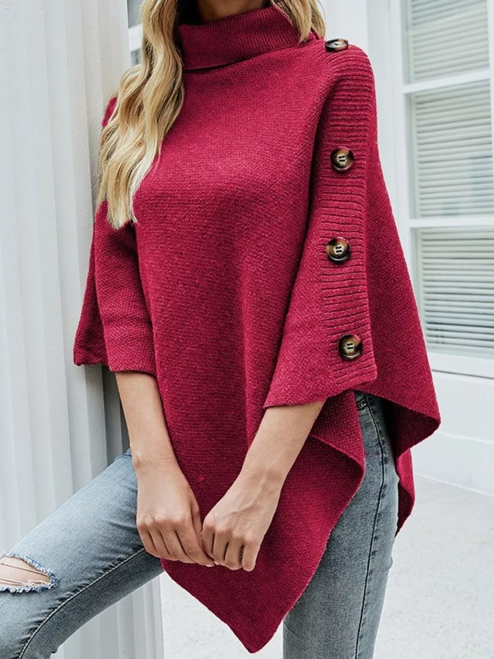 Button-Decor Turtleneck Poncho Pullover, image 21