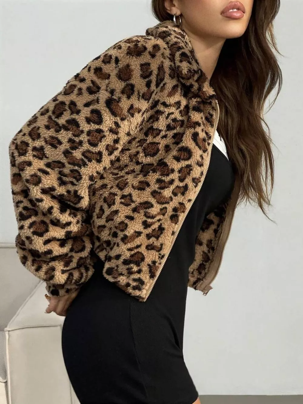 Leopard Print Fuzzy Cropped Jacket, image 4