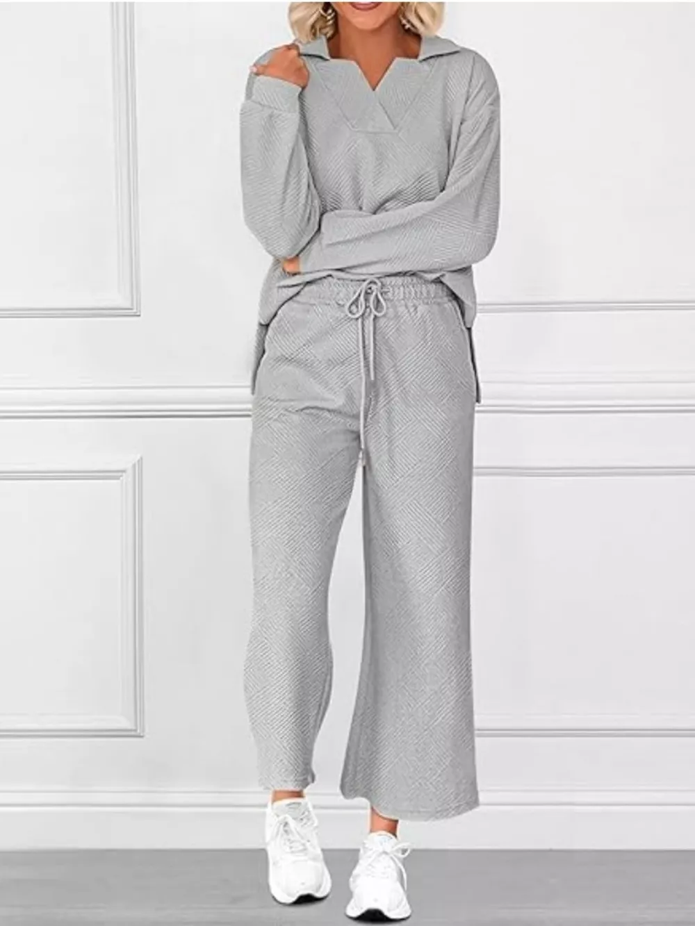 Side Slit Textured Top and Drawstring Pants Set, image 16