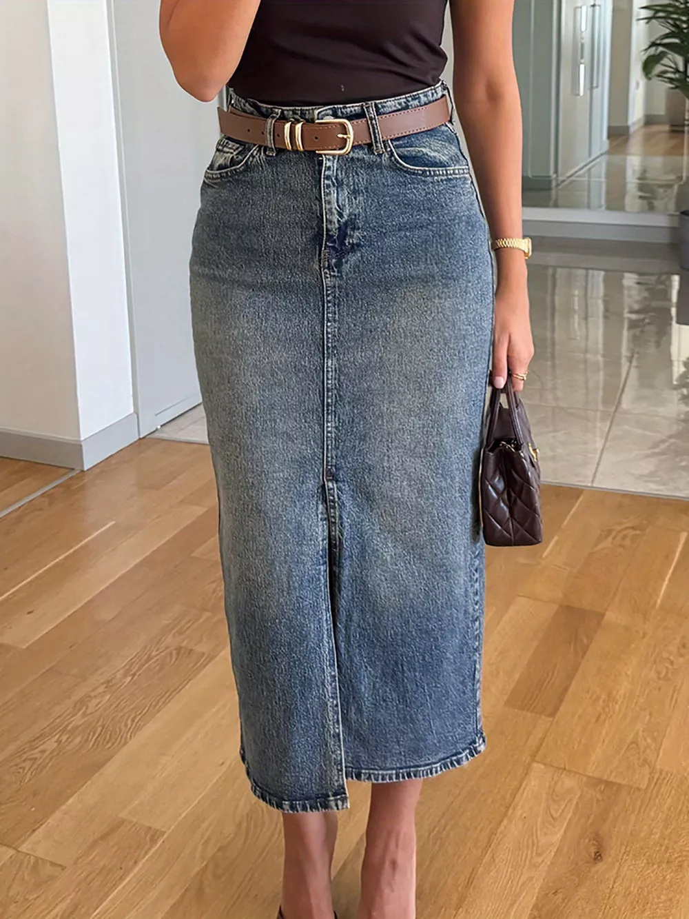 Slit Front Denim Skirt, image 5