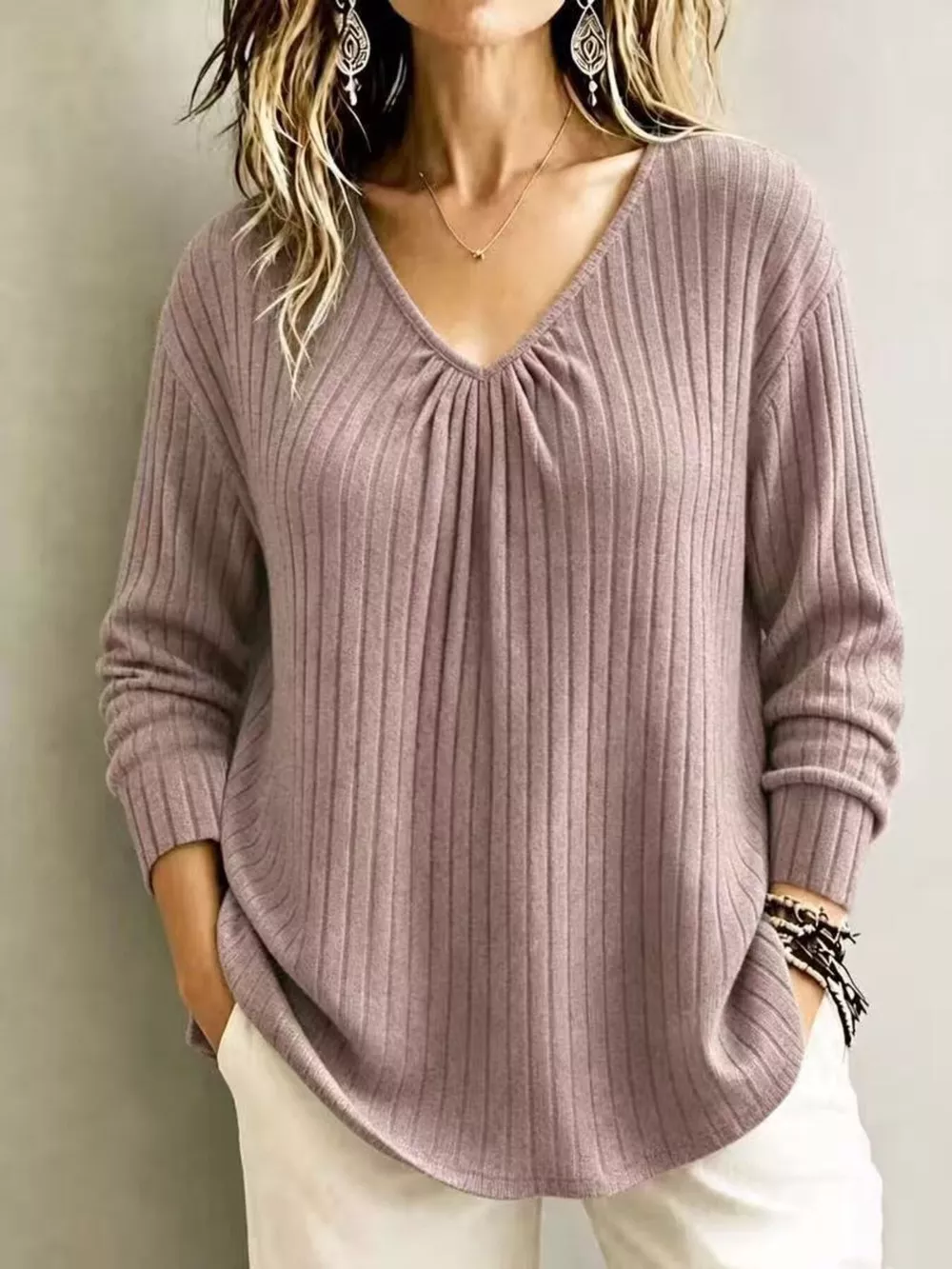 V-Neck Ribbed Long Sleeve T-Shirt, image 17