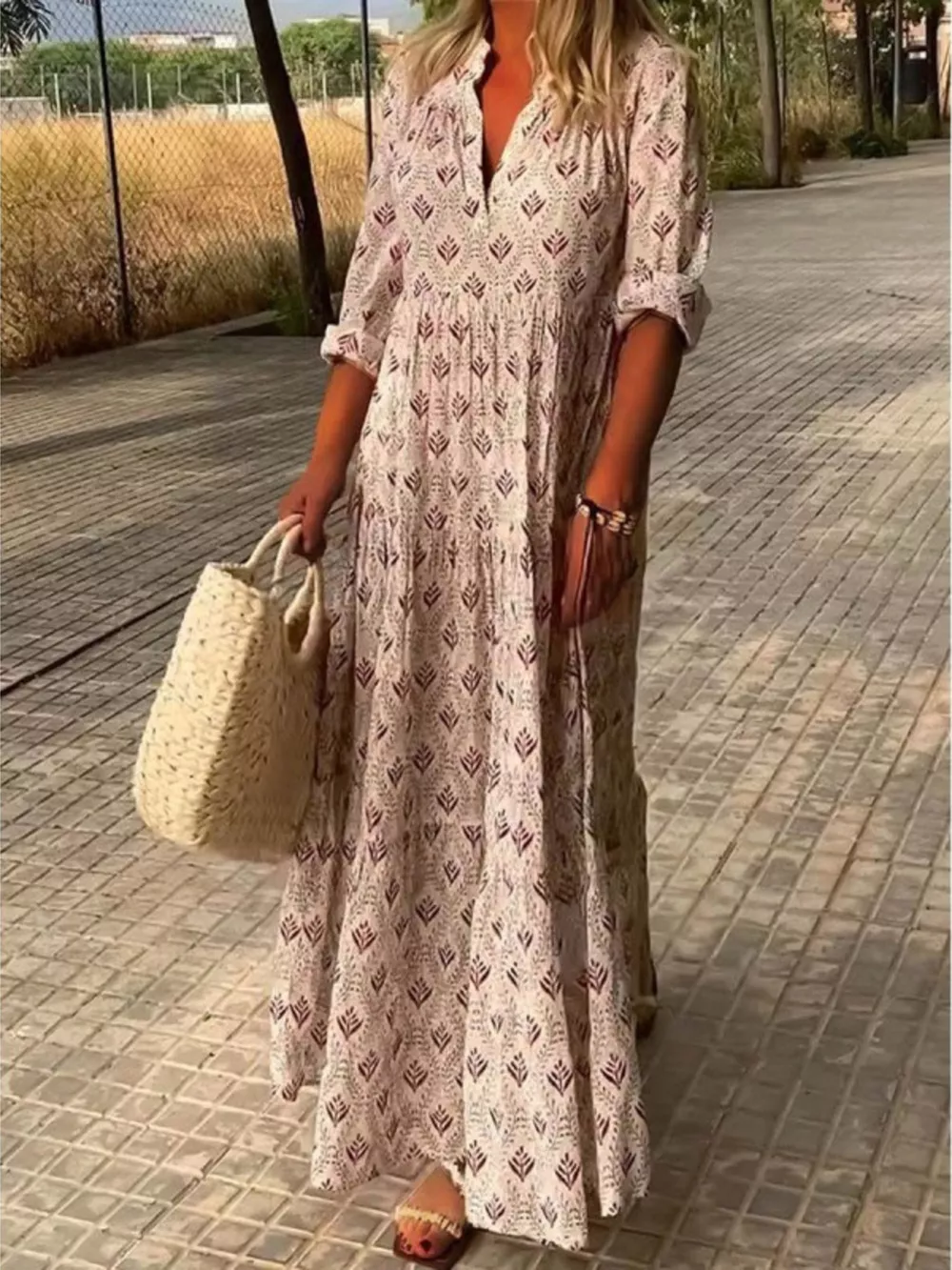 Full Size Printed Notched Tiered Maxi Dress Plus Size, image 7