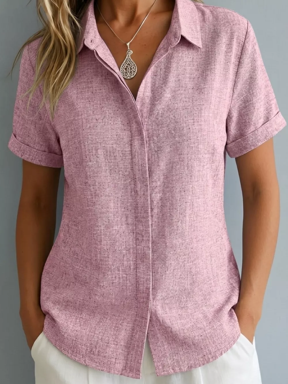 Full Size Collared Neck Short Sleeve Shirt Plus Size, image 9