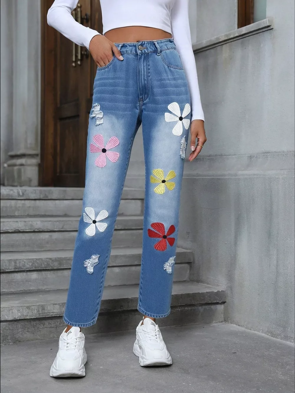 Floral Embroidered High Waist Distressed Jeans, image 3