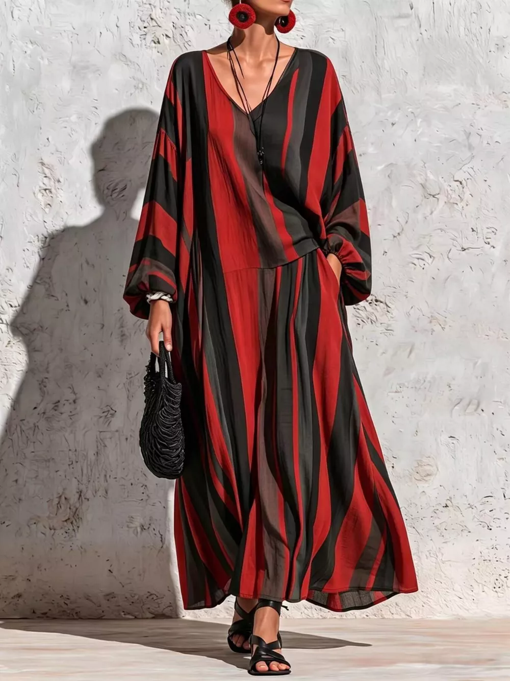 Bohemian Striped V-Neck Loose Top and Wide Leg Pants Set, image 3