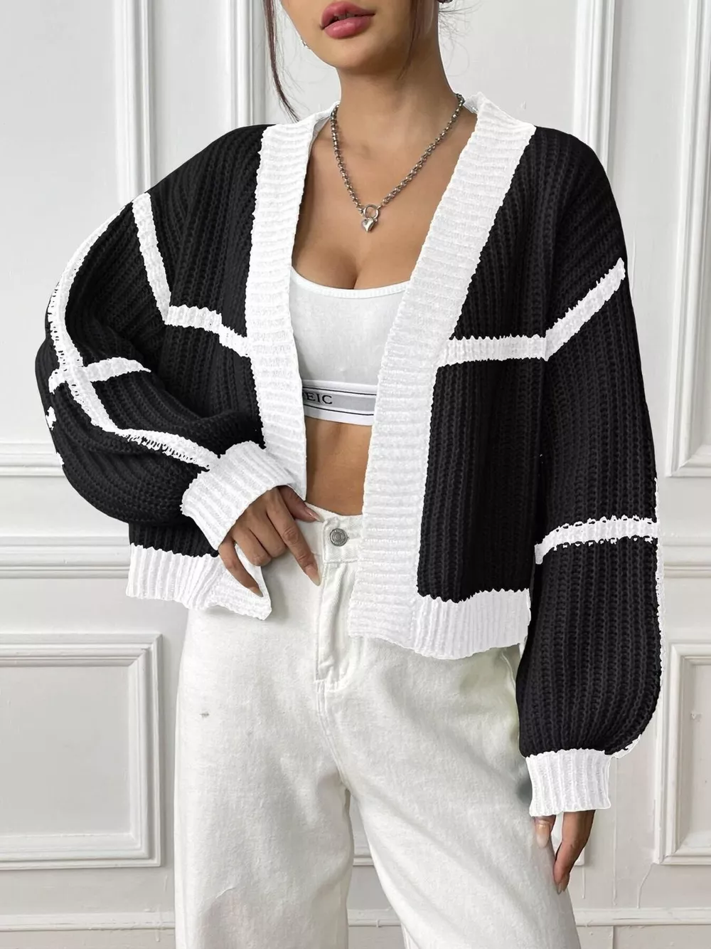 Color-Block Ribbed Knit Open-Front Cropped Cardigan, image 18