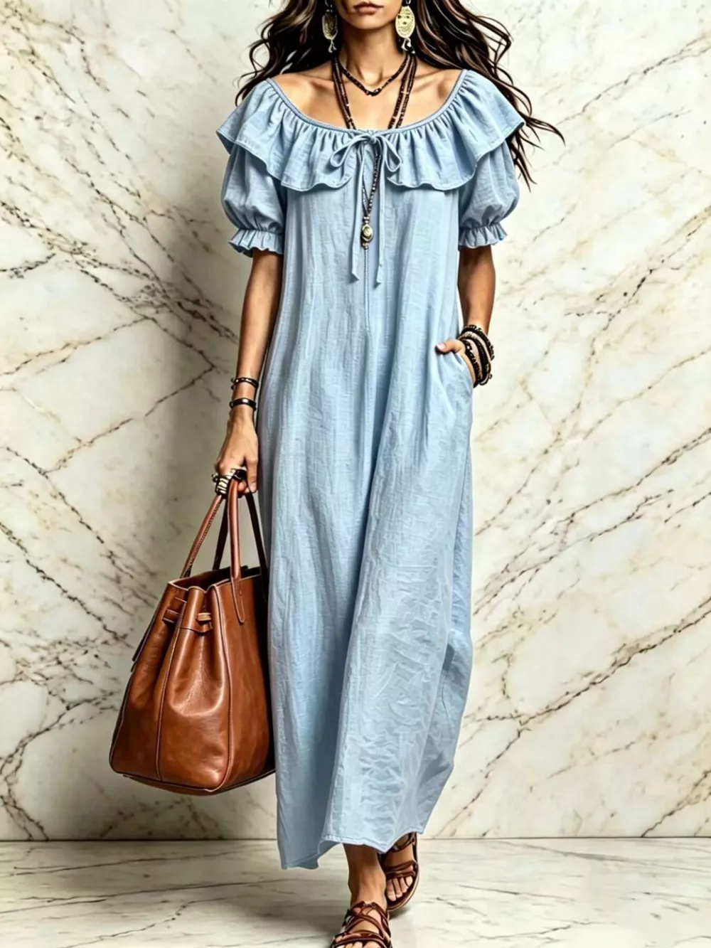 Ruffle Trim Puff Sleeve Maxi Dress, image 2