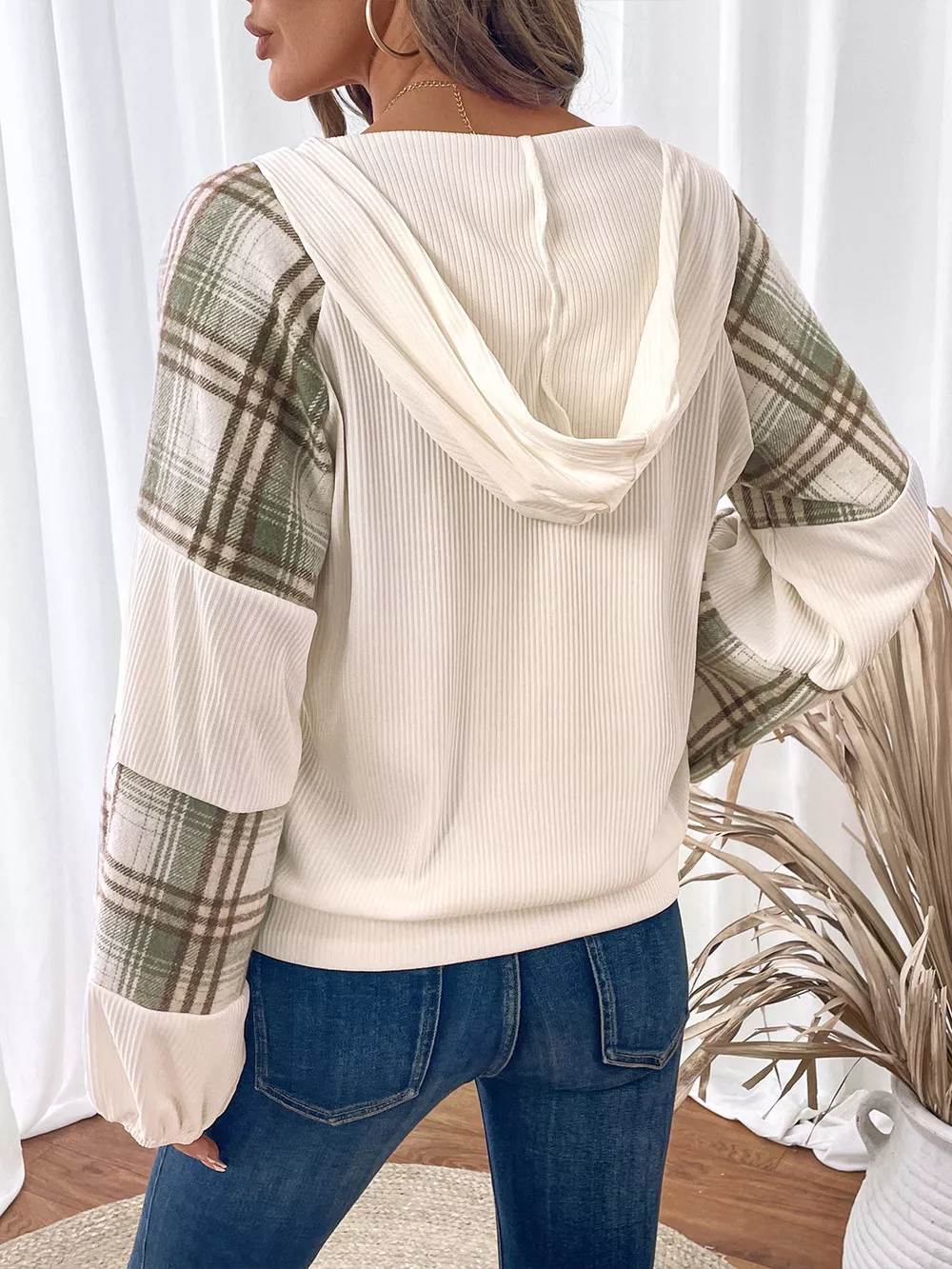 Plaid V-Neck Button Front Sweatshirt, image 6