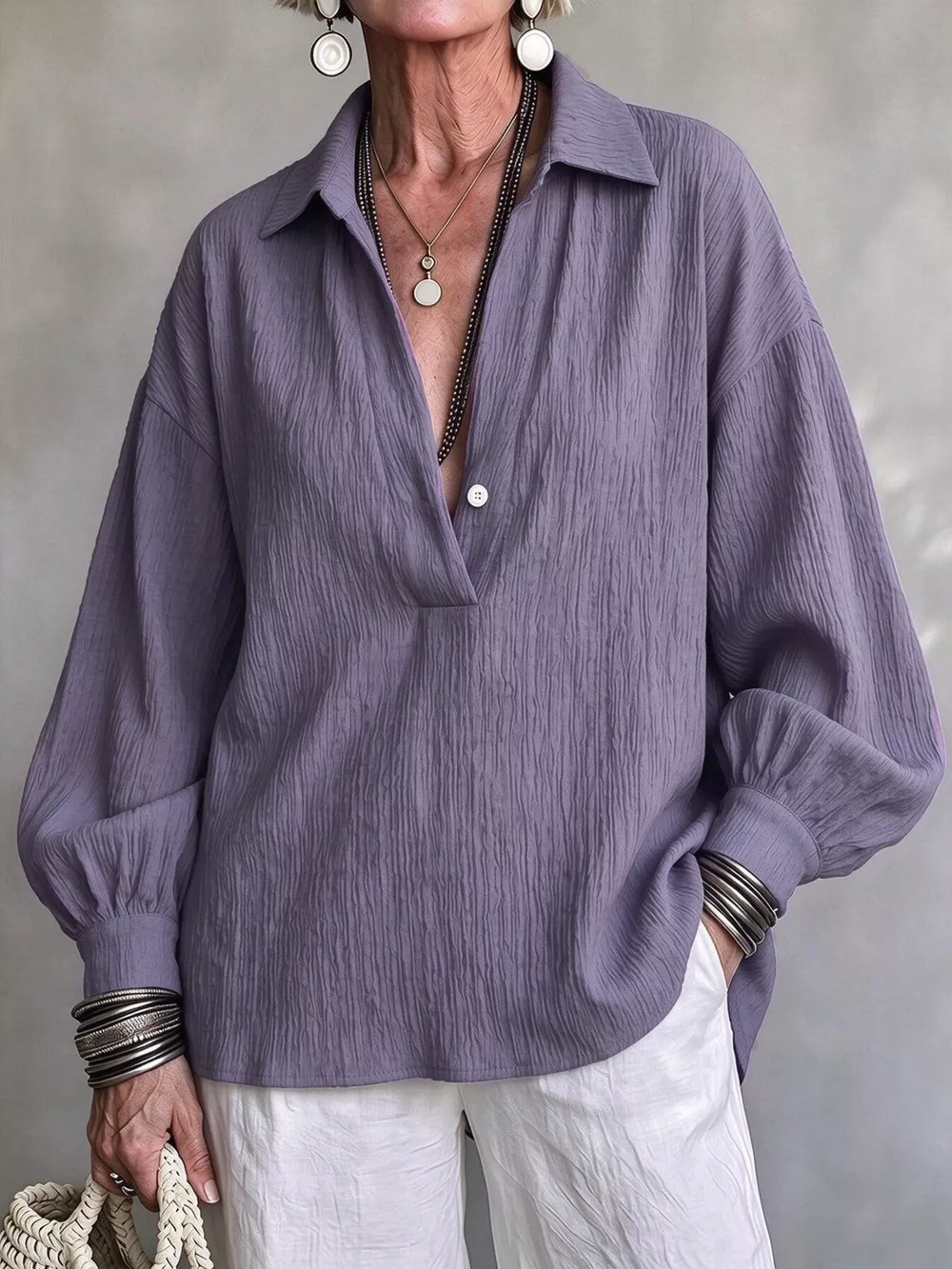 Full Size Textured Lantern Sleeves Blouse Plus Size, image 9