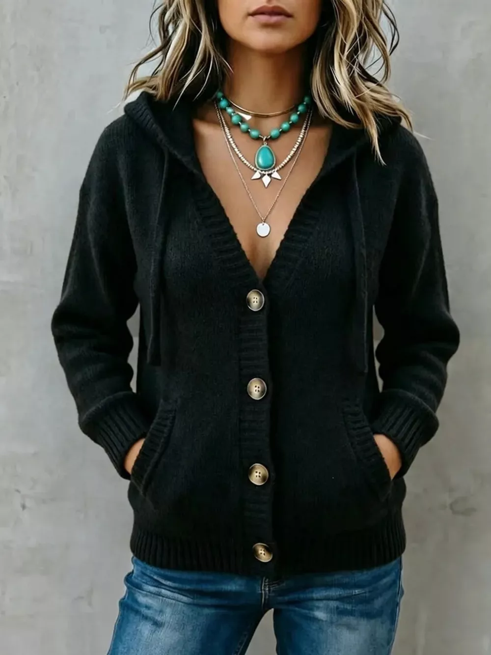 Hooded Button-Down Knit Cardigan, image 7