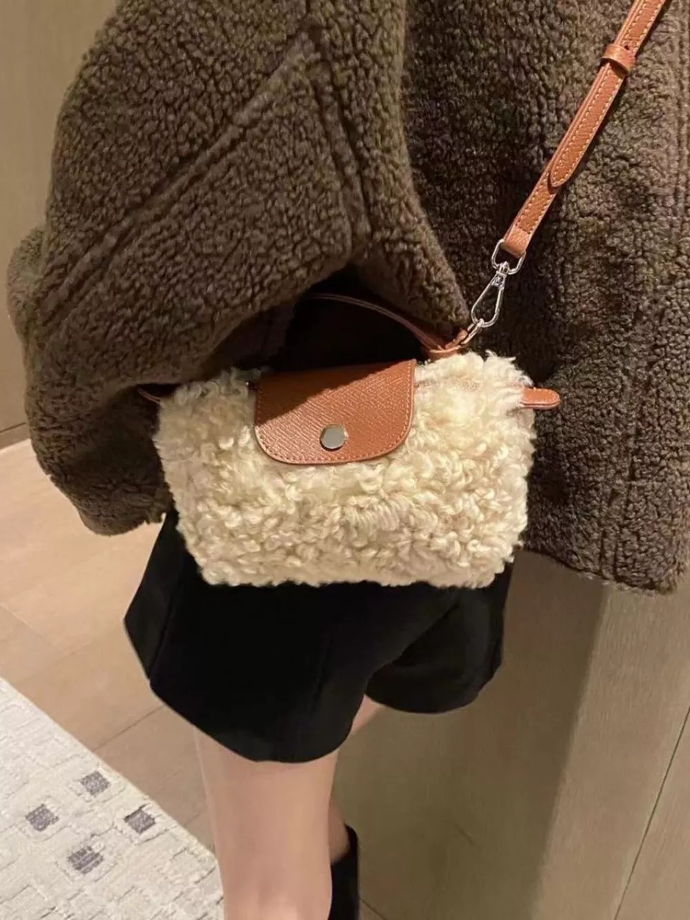 Fluffy Crossbody Bag with Leather Accents, image 4