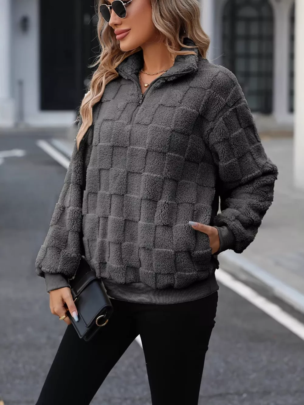 Cozy Checkered Fleece Quarter Zip Sweatshirt, image 6