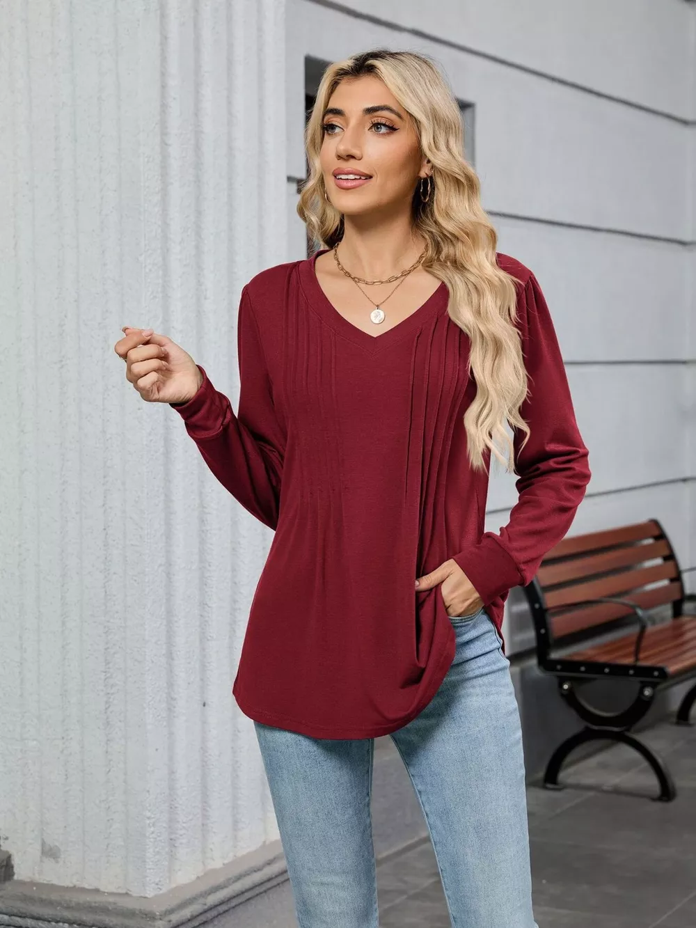 V-Neck Long Sleeve Relaxed Fit T-Shirt, image 19